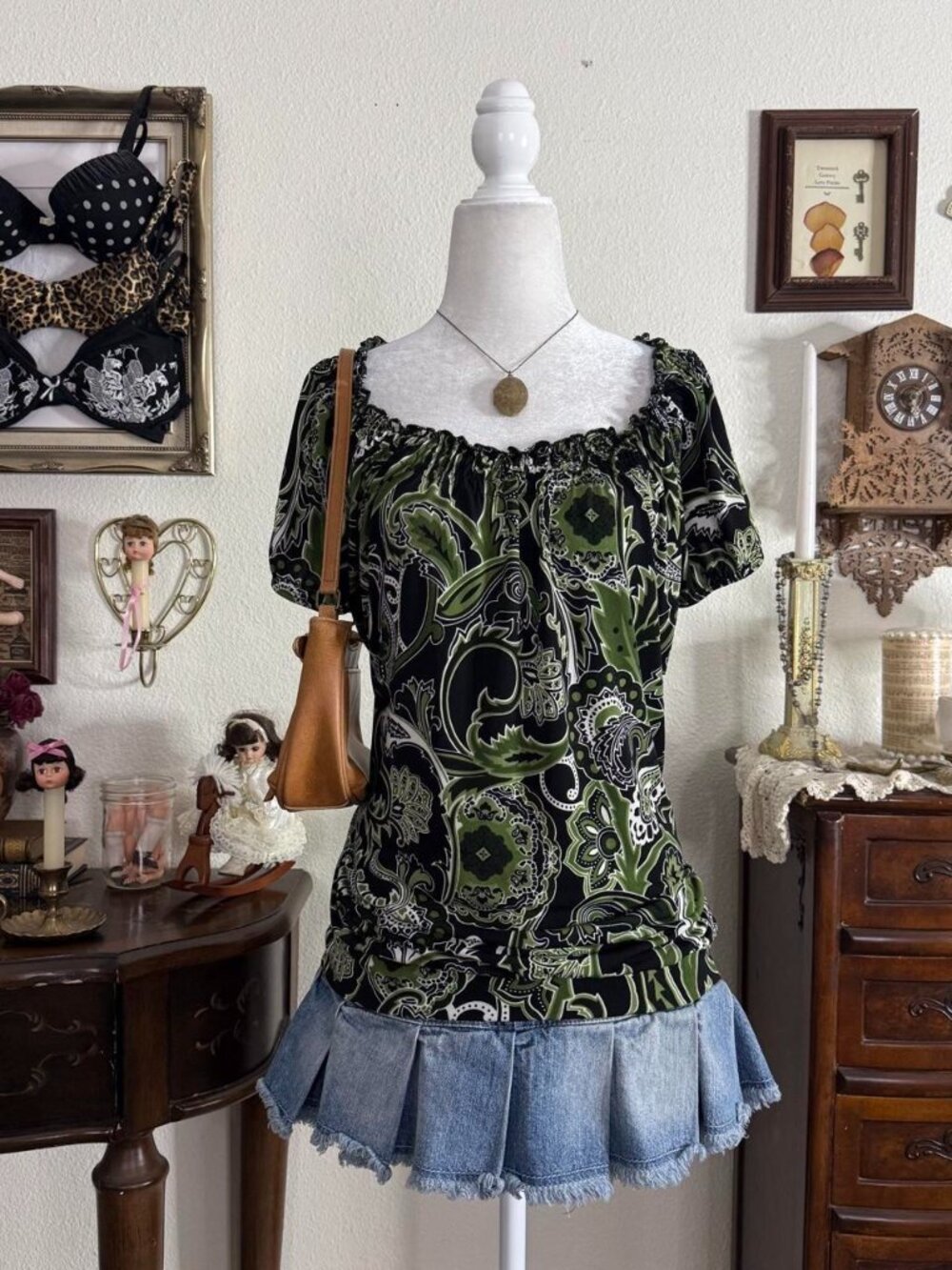 Y2k whimsigoth boho fairy grunge black and green paisley blouse